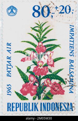 Foto einer Briefmarke aus Indonesien Impatiens Balsamina Flowers National Disaster Fund Serie 1966 Stockfoto