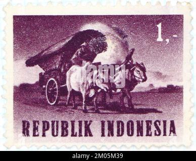 Foto einer Briefmarke aus Indonesien Ox-Cart Transport & Communication Serie 1964 Stockfoto