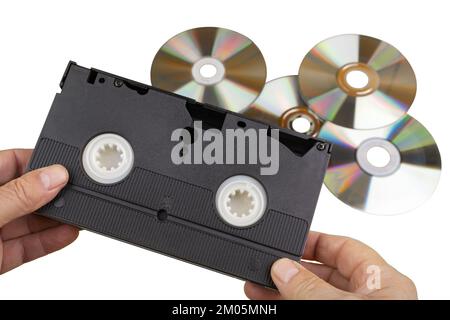 Ein altes VHS-Videoband und einige CDs Stockfoto