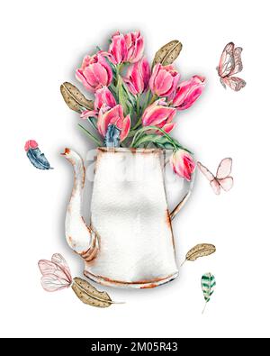 Handgezogene Kartenvorlage in Aquarell mit pinkfarbenen Tulpen. Illustration eines niedlichen Häschen in Aquarellfarben, Blumen, Pflanzen und Grußrahmen. Bilder für Poster, Stockfoto