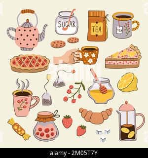 Teezeit. Tassen Geschirr Teekannen für Gemütlichkeit Verbringen Sie entspannte Zeit mit Tee der neuesten Vektorsammlung Stock Vektor