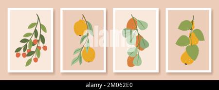 Moderne Banner mit biologischem Obst. Mango-Birnen-Kirsche hängt an grünen Ästen. Moderne Innenplakate, zeitgenössisches, exotisches Ökodesign Stock Vektor