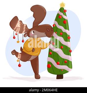 Der handgezeichnete Moose hängt Ornamente an einen Weihnachtsbaum. Skizze und Farbfüllung auf weißem Hintergrund. Kinderbuch über Feiertage ausmalen. Festliche Szene. Stockfoto