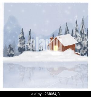 Stilisiertes Haus am Heiligabend in der Winterlandschaft mit Schnee und gemütlicher Hütte. Handgezeichnete Illustration für die Feiertage. Verschneite Landschaftszeichnung. Stockfoto