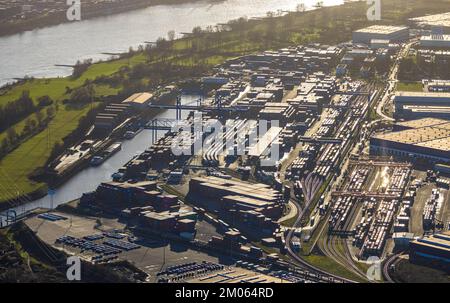 Luftaufnahme, Logport I, Terminal-Containerhafen am Rhein im Bezirk Friemersheim in Duisburg, Ruhrgebiet, Nordrhein-Westfalen, Deutschland Stockfoto