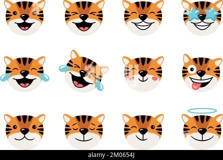 Fröhliche Tigerköpfe mit Emoticons, Zeichentrickfiguren, Maskottchen-Sammlung. Cartoon niedlicher Tierkopf mit Gesichtsausdruck. Tiger-Symbolsatz von Emoticons isolierte Vektordarstellung Stock Vektor