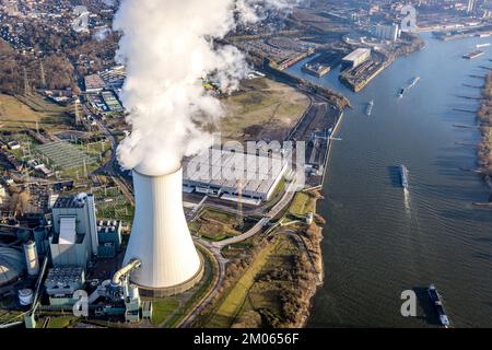 Luftaufnahme, Baustelle am Logport VI mit dampfender STEAG-Kraft-Wärme-Kopplungsanlage Walsum im Bezirk Alt-Walsum in Duisburg, Ruhrgebiet Stockfoto