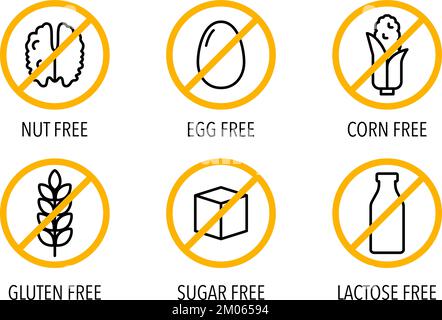 Gluten, zuckerfrei, laktoseintolerant. Satz von isolierten Vektorsymbolen für das Verpackungsdesign von Lebensmittelunverträglichkeit und diätetischen Lebensmitteln. Darstellung der Information über Allergene gesund Stock Vektor