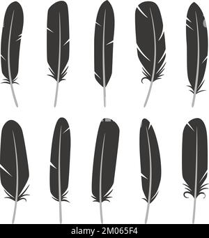 Feathers Icon im flachen Stil. Schwarze Silhouetten einer Vogelfederkollektion. Vektor auf weißem Hintergrund isoliert. Abbildung: Schwarzer Vogel mit Federmotiv Stock Vektor