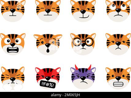 Tigerköpfe mit Emoticons, Zeichentrickfiguren, Maskottchen-Sammlung. Karikaturentierkopf mit Gesichtsausdruck. Gestreifte, emotionale Wildkatzen. Tierporträt mit Emotionen des Charaktertierkopfes Stock Vektor