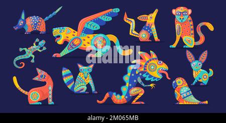 Alebrije. Traditionelle mexikanische Folklore isolierte Kreaturen Skulpturen Vogel Ziertiere Federn Wellensittich Papagei armadillo Stammesgefährte huichol Handwerk Vektor Illustration Folklore Armadillo Stock Vektor