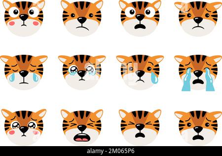 Traurige weinende Tigerköpfe mit Emoticons, Zeichentrickfiguren, Maskottchen-Sammlung. Cartoon niedlicher Tierkopf mit Gesichtsausdruck. Tiger-Symbolsatz von Emoticons isolierte Vektordarstellung Stock Vektor