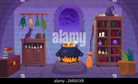 Hexenraum. Hexen im Inneren des magischen Hauses oder Horrorkeller im Inneren des geheimnisvollen Schlosses, der Karikaturenmagier, der ein gruseliger Kellergewölbe ist, halloween geniale Vektordarstellung des Hexeninnenraums Stock Vektor