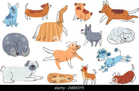 Zeigt hübsche Hunde. Doodle Action Hündchen Wasserfarbe Hund lustige Kinder Zeichentrickfilme niedliche Tiere, Lächeln labrador malen Tierdesign, stellen geniale Vektorbilder von Tierhund niedlich Stock Vektor
