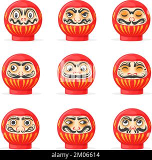 Daruma. Japanische traditionelle Puppen Mönch Gesichter bodhidharma, japan oder chinesische Kultur Glücksspielzeug oder Glücksbringer, niedliche isolierte Kopfpuppe Zen buddhismus, Set-Vektor-Illustration einer japanischen Puppe Daruma Stock Vektor