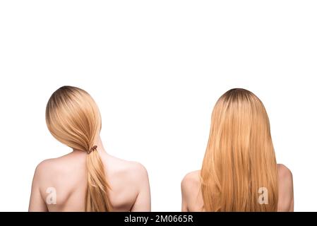 Frau hinten, schöne Frau mit ombre Haar isoliert auf einem weißen Hintergrund. Stockfoto