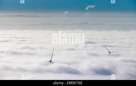 Luftaufnahme, Windturbinen im Nebel im Bezirk Rhynern in Hamm, Ruhrgebiet, Nordrhein-Westfalen, Deutschland, Deutschland, Europa, Formen und Farben, Hamm, Aerial Stockfoto