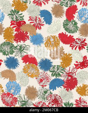 Nahtlos abstraktes, farbenfrohes handgezeichnetes Blumendesign, bereit für Textildrucke. Stockfoto