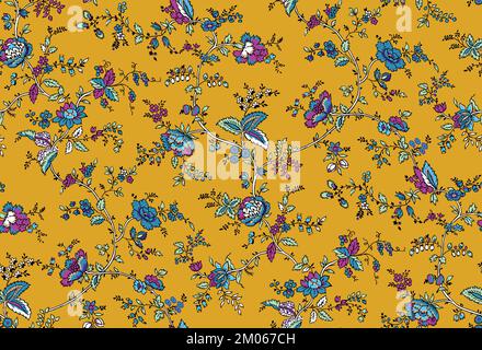 Nahtloses Blumendesign mit Blättern auf farbigem Hintergrund bereit für Textildrucke. Stockfoto