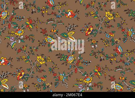 Nahtloses Blumendesign mit Blättern auf farbigem Hintergrund bereit für Textildrucke. Stockfoto