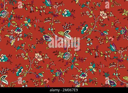 Nahtloses Blumendesign mit Blättern auf farbigem Hintergrund bereit für Textildrucke. Stockfoto
