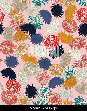 Nahtlos abstraktes, farbenfrohes handgezeichnetes Blumendesign, bereit für Textildrucke. Stockfoto