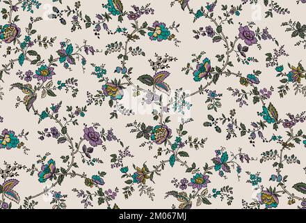 Nahtloses Blumendesign mit Blättern auf farbigem Hintergrund bereit für Textildrucke. Stockfoto