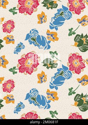 Nahtloses farbenfrohes Blumendesign auf Tierhauthintergrund. Stockfoto