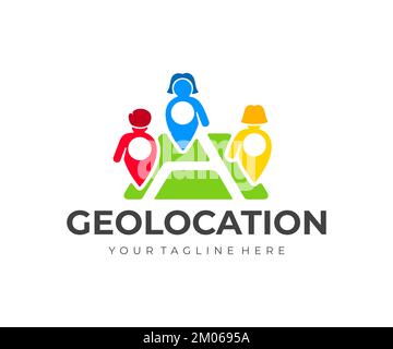 GPS-Tag für Geolokalisierung in Form von Personen, Standortstift auf der Karte, Logo-Design. Navigation, GPS-Navigation, Zeiger, Geotag und Ziel Stock Vektor