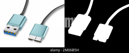 Nahaufnahme des USB 3,0-Kabels Typ A – Micro-B isoliert auf weißem Hintergrund, 3D-Rendering Stockfoto