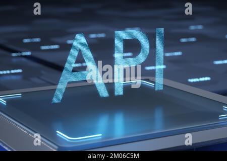 API-halographische Inschrift auf einem abstrakten technologischen Prozessor. Anwendungsprogrammierschnittstelle. Software-Entwicklungstool. 3D-Rendering.. Stockfoto