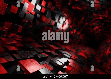 Abstrakter Hintergrund von roten und schwarzen Würfeln. Tunnel aus roten und schwarzen Würfeln. 3D Rendern.. Stockfoto