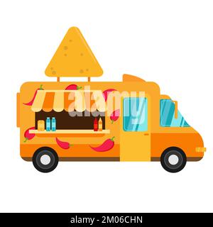 Food Truck für mexikanische Nachos Chili Pfeffer, schnelle Lieferung oder Sommerfestival. Lastwagen mit Nachos auf weißem Hintergrund Stock Vektor