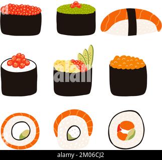 Sushi im flachen Cartoon-Stil. Handgezeichnete Vektordarstellung der traditionellen japanischen Küche. Stock Vektor