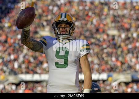 Chicago, Usa. 04.. Dezember 2022. Green Bay Packers Wide Receiver Christian Watson (9) feiert seinen zweiten Touchdown gegen die Chicago Bears am Soldier Field in Chicago am Sonntag, den 4. Dezember 2022. Foto von Mark Black/UPI. Kredit: UPI/Alamy Live News Stockfoto