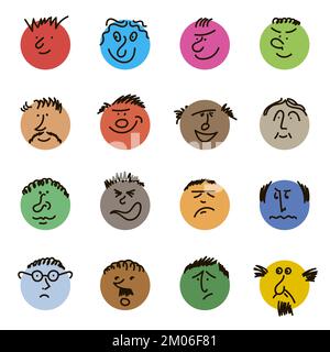 Farbige Doodle-Köpfe. Runde Comic-Gesichter mit verschiedenen Emotionen. Verschiedene bunte Charaktere. Leute im Cartoon-Stil. Flache Kreise Stock Vektor