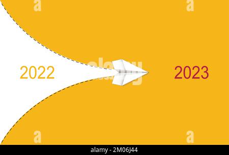 Das Papierflugzeug fliegt von 2022 bis 2023. Neujahrskonzept. Stock Vektor