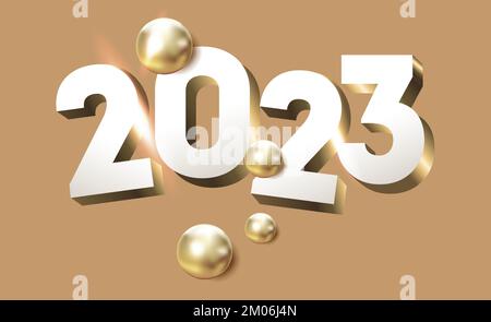 2023 goldweißer Dekorationsurlaub auf beigem Hintergrund. Goldene Folie Zahlen 2023 mit realistischen festlichen Objekten, horizontales Banner. Frohes neues Jahr Stock Vektor