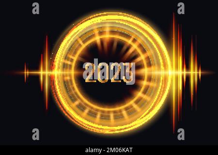 2023 Ein „Happy New Year“-Logo mit rundem Luxuseffekt. Kreative Weihnachtsdekoration. Vektordarstellung mit goldenen Schneebällen, glänzenden, glitzernden Ziffern Stock Vektor