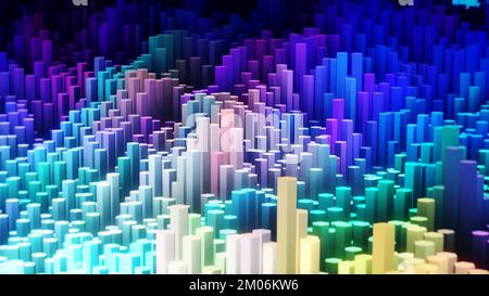 3D-Darstellung von Nahaufnahmen Abstrakter, farbenfroher Hintergrund aus sechseckigen Röhren mit Turbulenzeffekt, 3D-Tapete mit Neigungseffekt Stockfoto