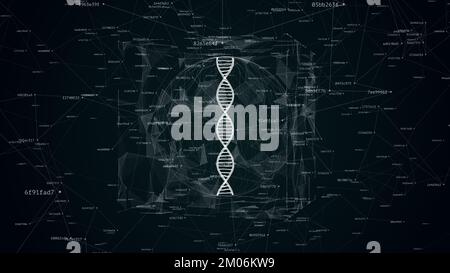 3d-Illustration von DNA im digitalen Rauschen, abstrakte zukünftige Wissenschaft Illustration von DNA in Kugel und Würfel umgeben von verbundenen Hash-Codes Stockfoto