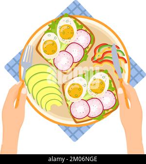 Hände mit Gabel und Messer. Teller mit Avocado, Pfeffer, Toast mit Ei und Rettich, Vektorbild Stock Vektor