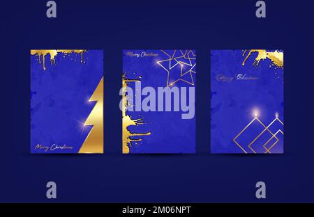 Merry Christmas Gold-Vorlagenset mit Weihnachtsbaum und Weihnachtselementen, Sternen, Glitzer und Lampen. Goldene Luxusrahmen, ideal für Grußkarten und Poster Stock Vektor