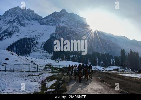 Sonamarg, Indien. 04.. Dezember 2022. Indische Touristen genießen Reiten an einem kalten Wintertag in Sonamarg, etwa 100kms km nordöstlich von Srinagar, der Sommerhauptstadt von Jammu und Kaschmir. (Foto: Saqib Majeed/SOPA Images/Sipa USA) Guthaben: SIPA USA/Alamy Live News Stockfoto