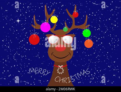Festliches weihnachtliches Hipster-Rentier mit Weihnachtsbaum und dekorativen bunten Bällen an den Hörnern. Weihnachtsthema für Kinder, Vektorcharakter Stock Vektor