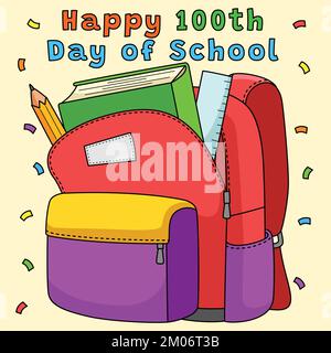 100. Day of School Bag – farbiger Cartoon Stock Vektor