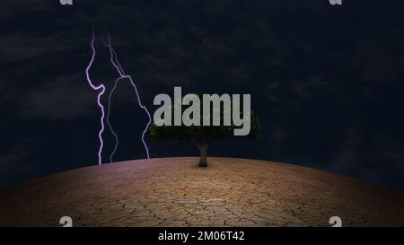 Surrealismus. Grüner Baum im trockenen Land. Ein Blitz am Horizont. 3D-Rendering Stockfoto