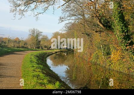 Monmouthshire und Brecon Canal. Camlas Mynwy ac Aberhonddu. Mit Herbstfarben und Reflexion. Brecon-Szenen. Im Herbst/Winter 2022. Dezember. Stockfoto