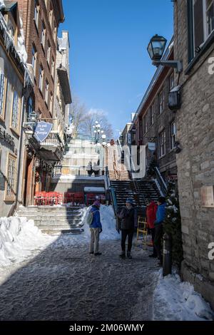 Die Treppe zum Bruchteil des Geländes im Le Petit Champlain in Quebec City Stockfoto