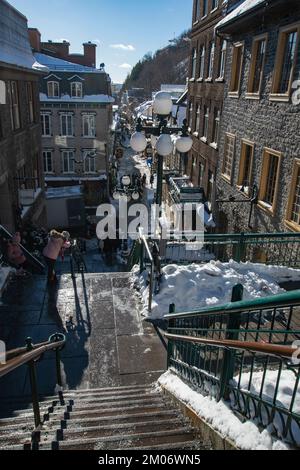 Die Treppe zum Bruchteil des Geländes im Le Petit Champlain in Quebec City Stockfoto